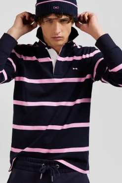 Regular navy blue striped long-sleeved cotton rugby shirt with back embroidery