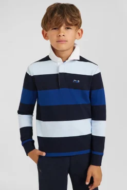 Regular navy blue striped long-sleeved cotton rugby shirt