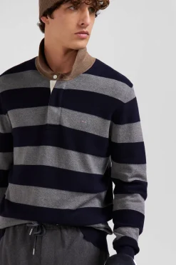 Regular navy blue striped cotton and cashmere jumper with rugby shirt collar