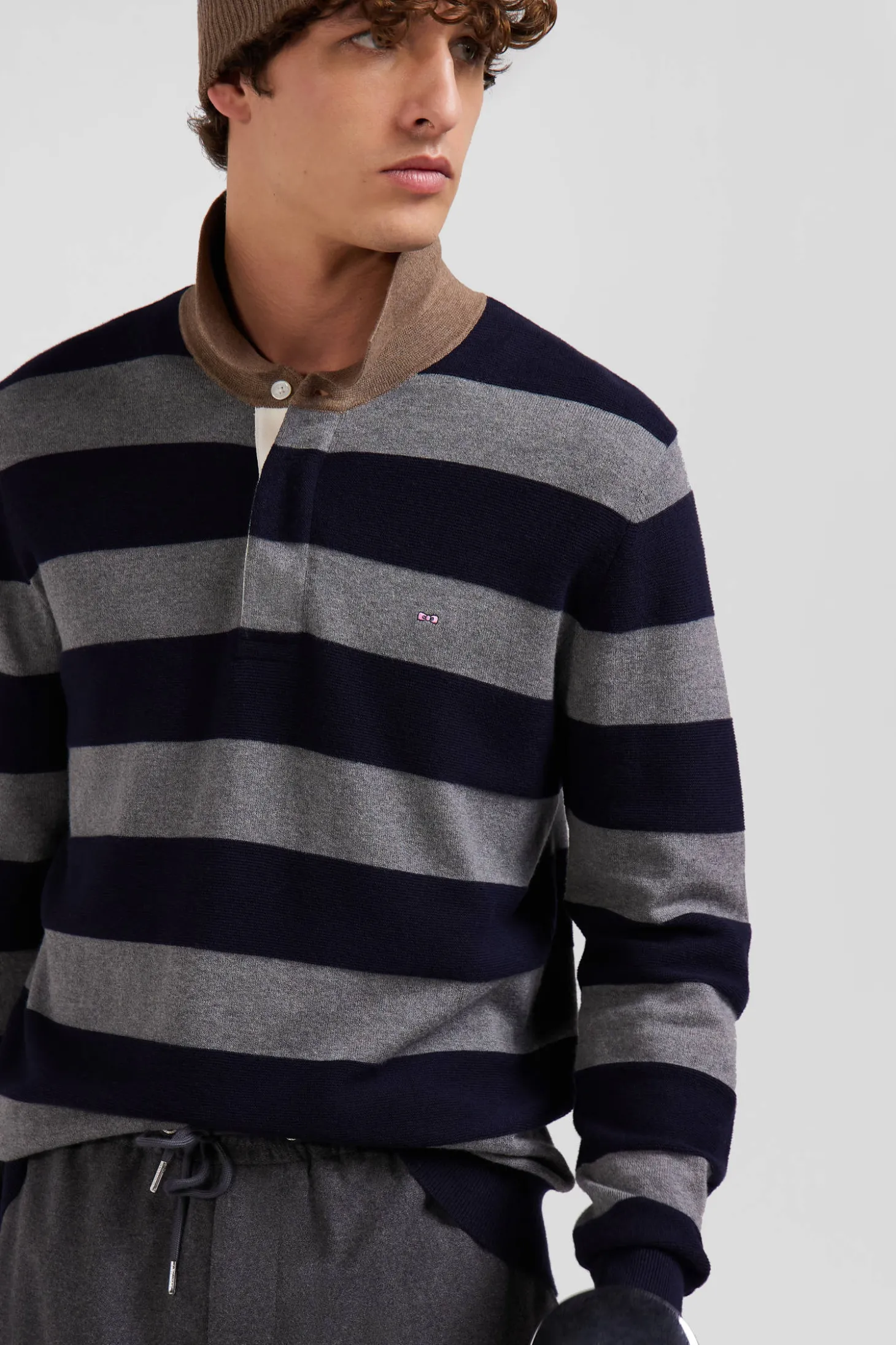 Regular navy blue striped cotton and cashmere jumper with rugby shirt collar
