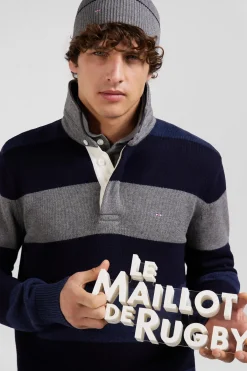 Regular navy blue striped wool and cotton jumper with rugby shirt collar