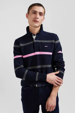 Regular navy blue striped cotton polo neck jumper
