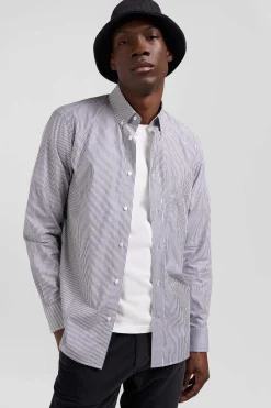 Regular navy blue striped cotton jacquard shirt