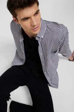 Regular navy blue striped cotton poplin shirt