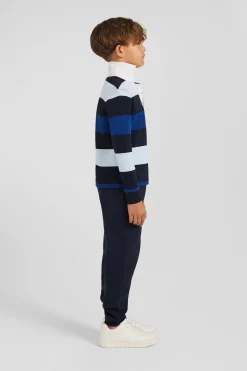Regular navy blue striped long-sleeved cotton rugby shirt