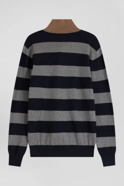 Regular navy blue striped cotton and cashmere jumper with rugby shirt collar