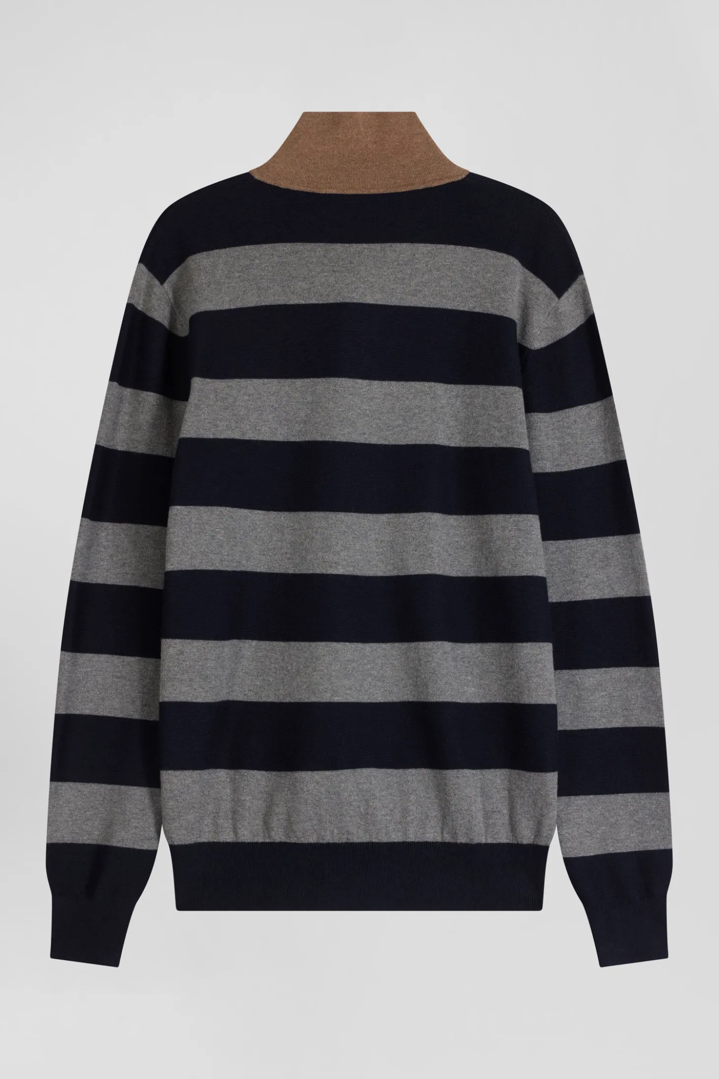Regular navy blue striped cotton and cashmere jumper with rugby shirt collar