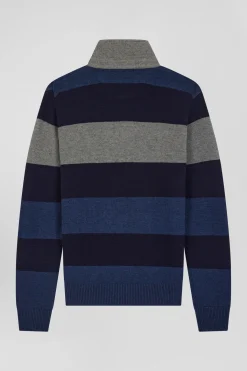 Regular navy blue striped wool and cotton jumper with rugby shirt collar