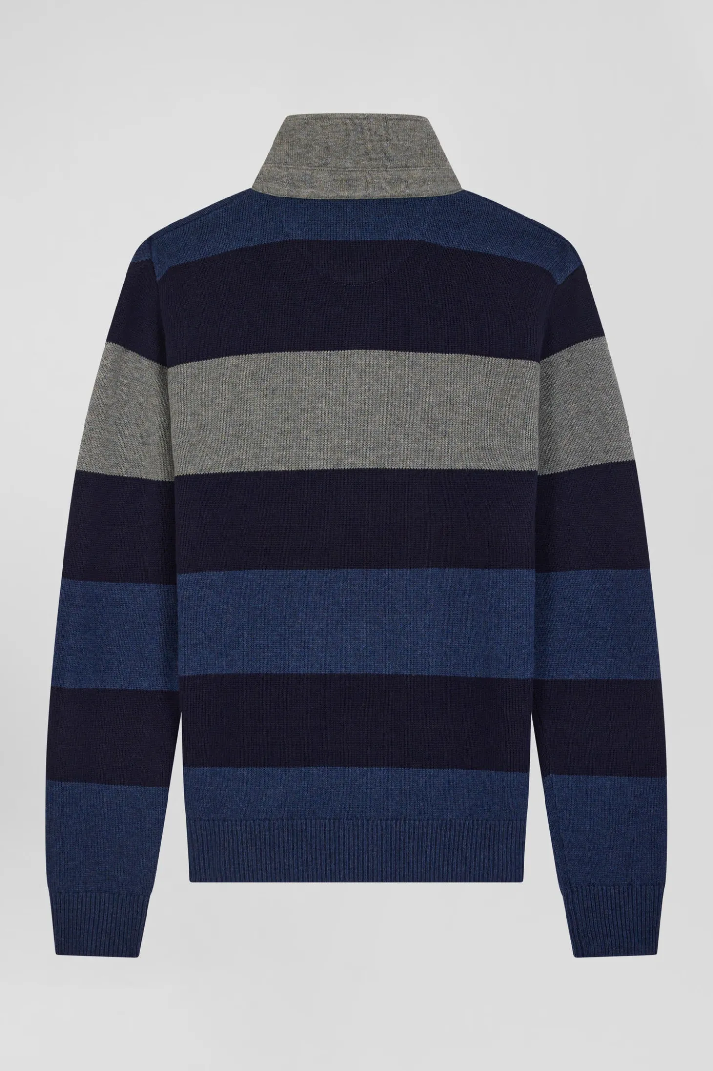 Regular navy blue striped wool and cotton jumper with rugby shirt collar