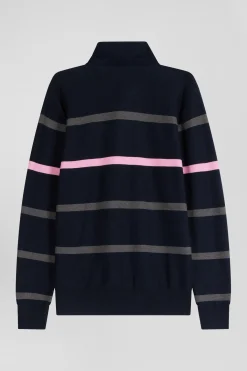 Regular navy blue striped cotton polo neck jumper