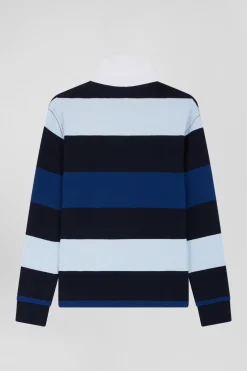 Regular navy blue striped long-sleeved cotton rugby shirt