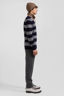 Regular navy blue striped cotton and cashmere jumper with rugby shirt collar