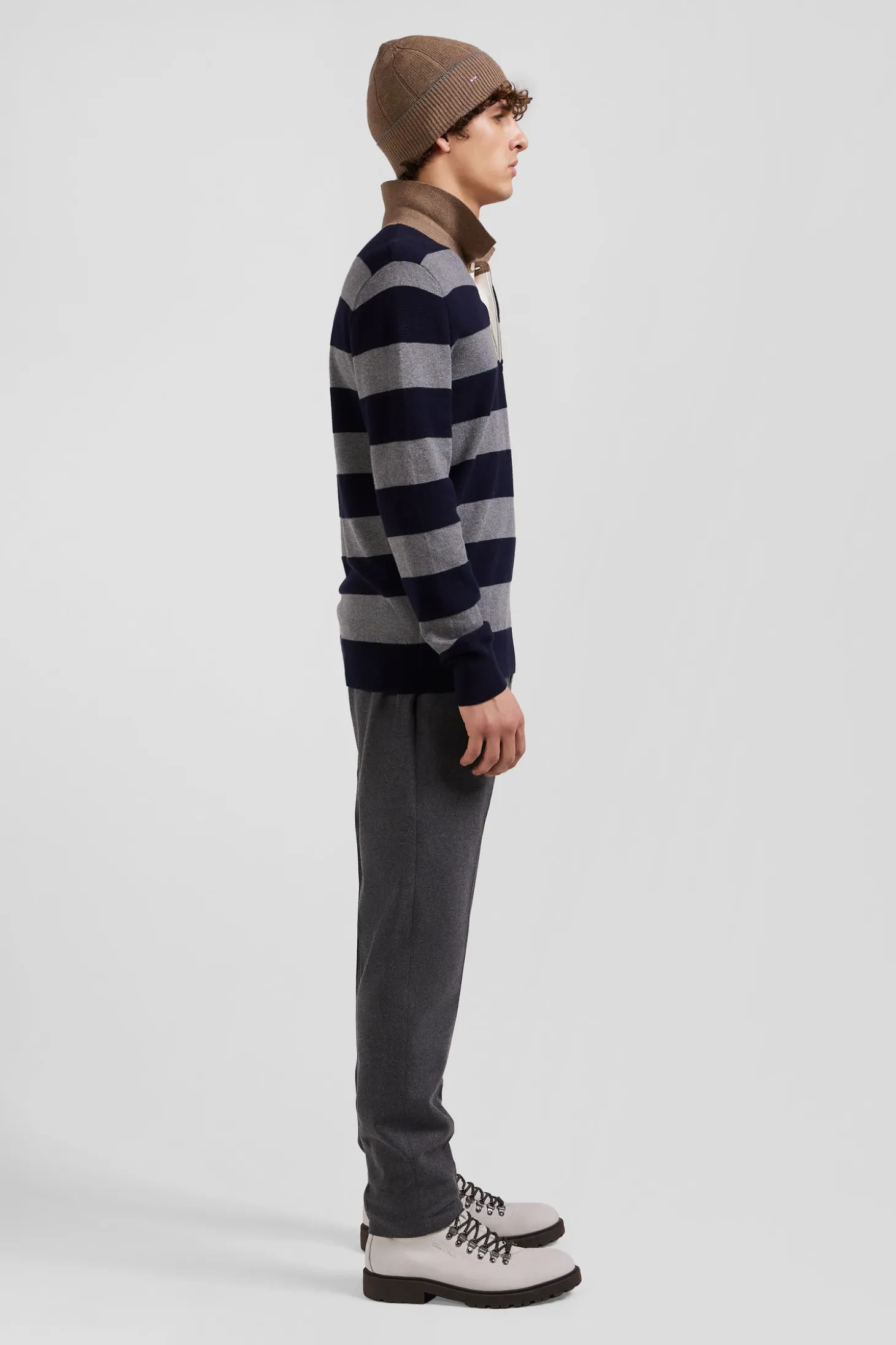 Regular navy blue striped cotton and cashmere jumper with rugby shirt collar