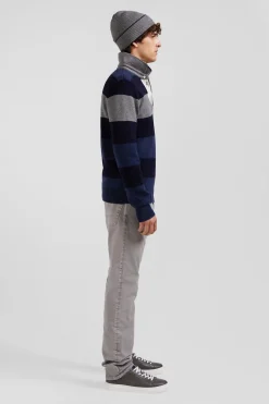 Regular navy blue striped wool and cotton jumper with rugby shirt collar