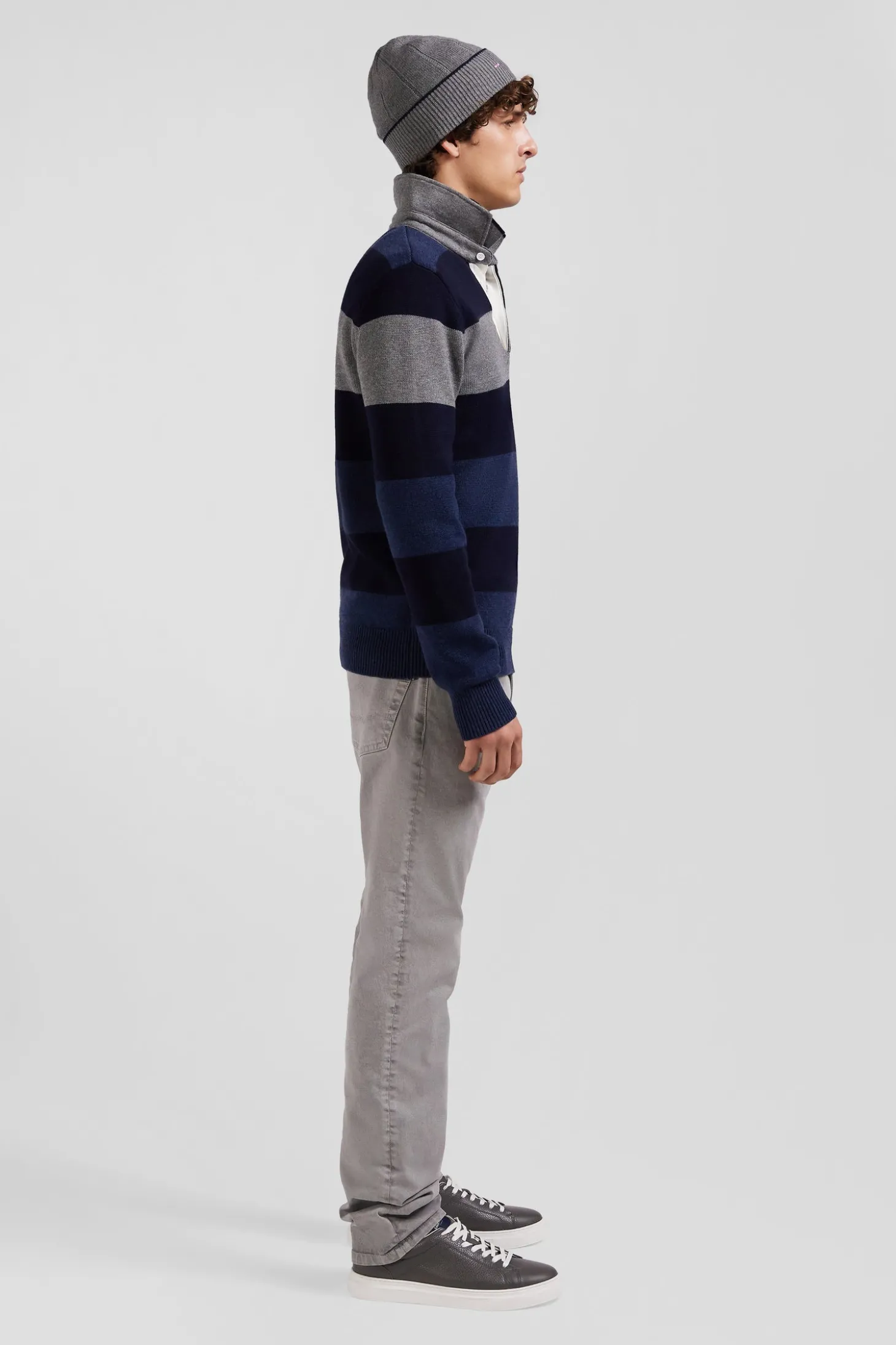 Regular navy blue striped wool and cotton jumper with rugby shirt collar