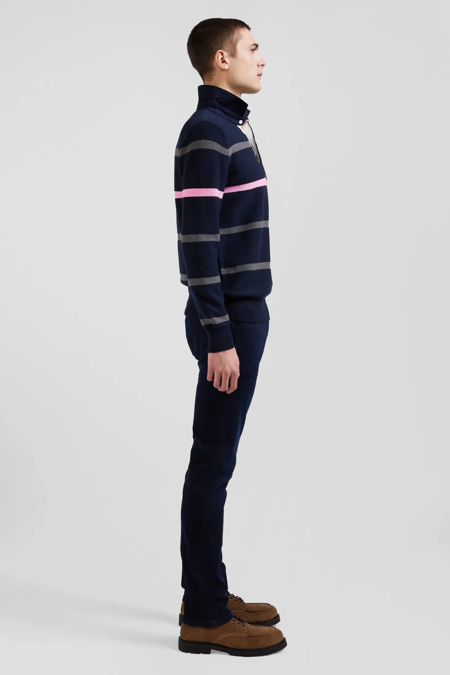 Regular navy blue striped cotton polo neck jumper