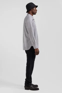 Regular navy blue striped cotton jacquard shirt