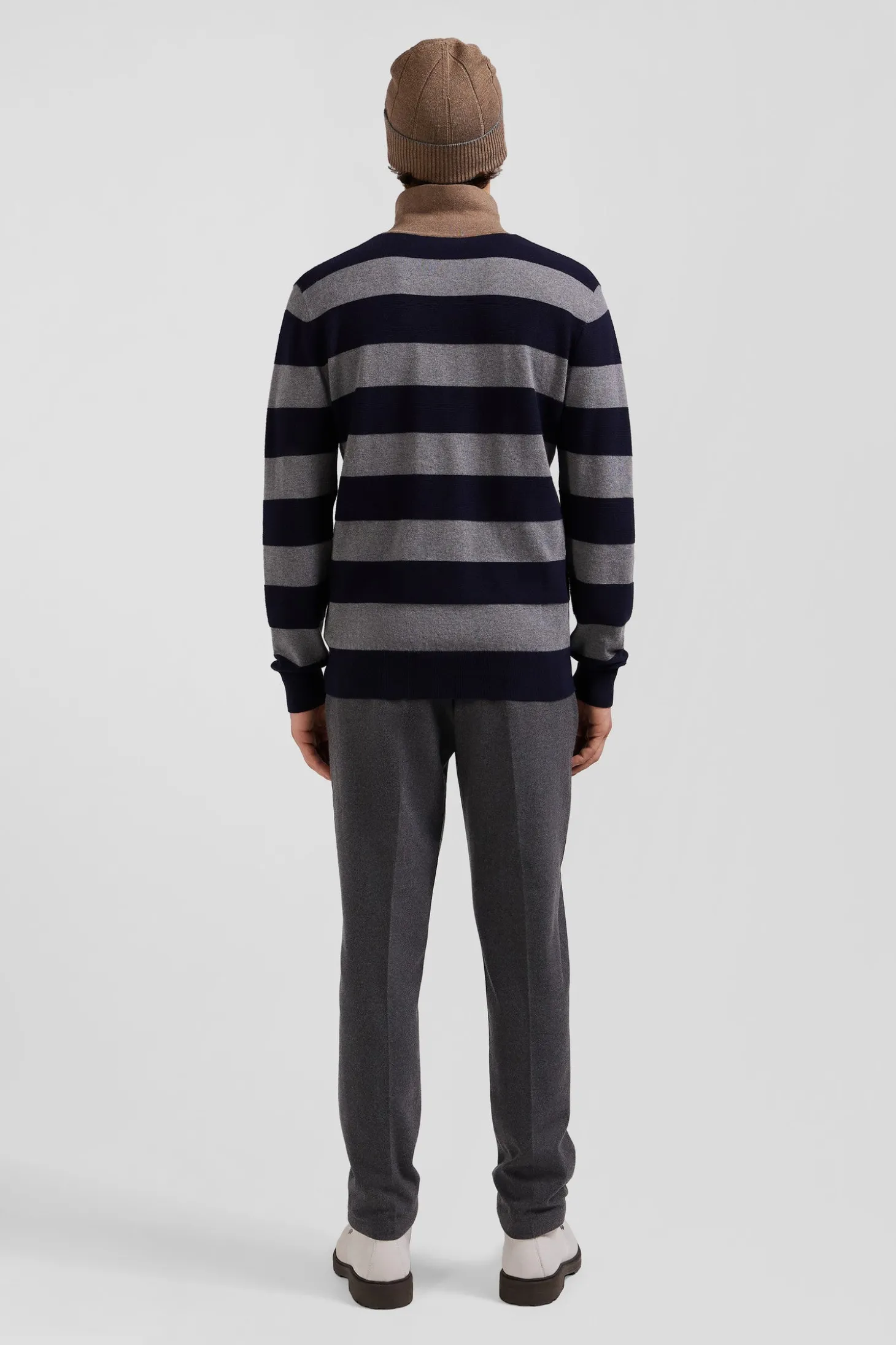 Regular navy blue striped cotton and cashmere jumper with rugby shirt collar