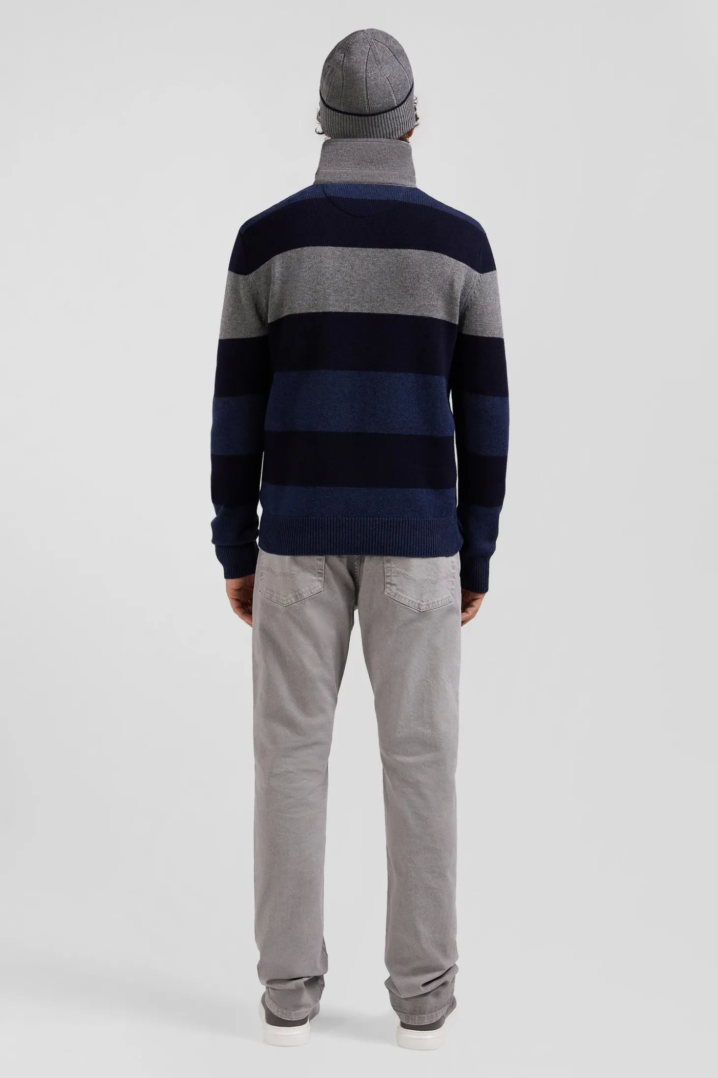 Regular navy blue striped wool and cotton jumper with rugby shirt collar