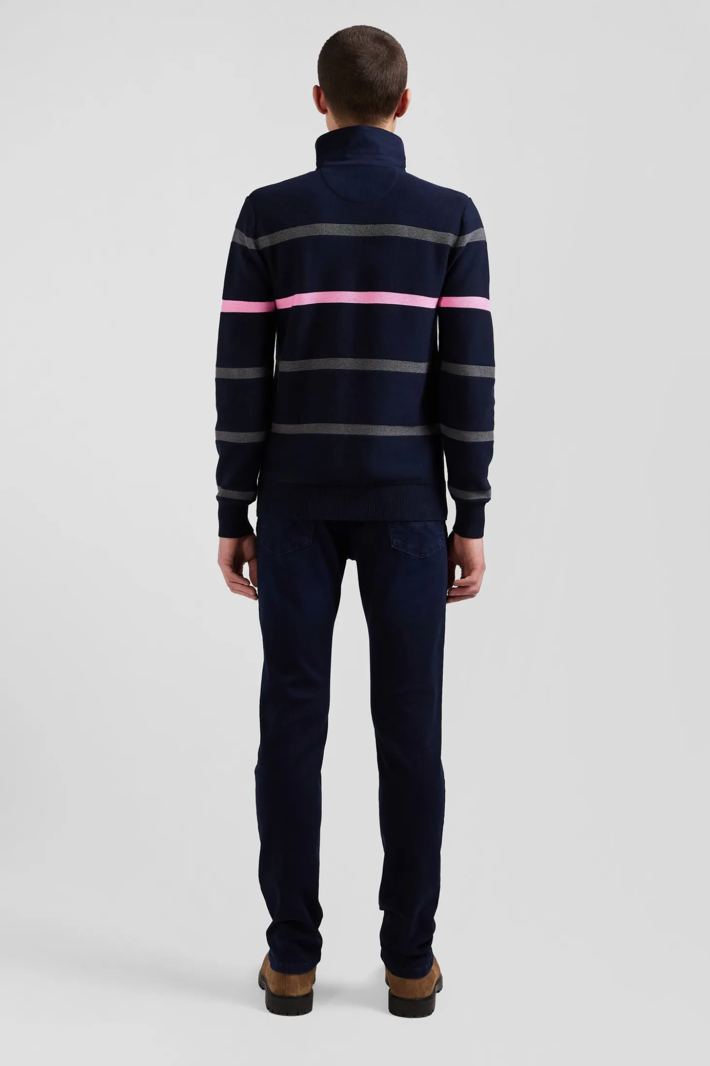 Regular navy blue striped cotton polo neck jumper