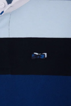 Regular navy blue striped long-sleeved cotton rugby shirt