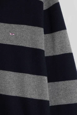 Regular navy blue striped cotton and cashmere jumper with rugby shirt collar