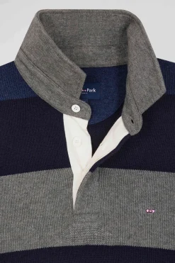 Regular navy blue striped wool and cotton jumper with rugby shirt collar