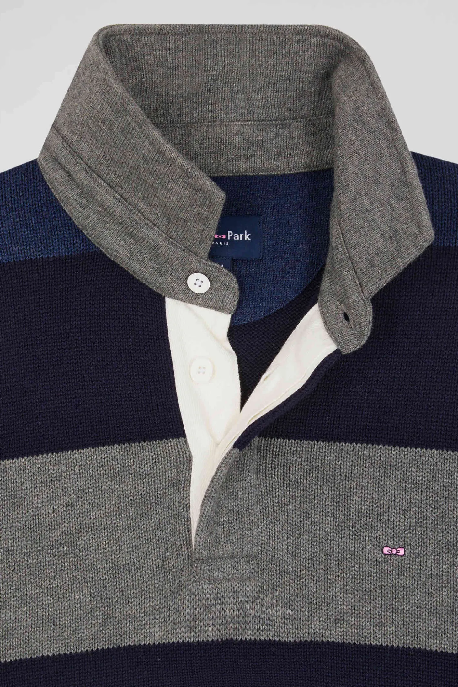 Regular navy blue striped wool and cotton jumper with rugby shirt collar