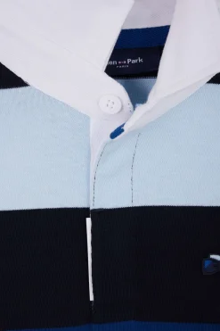 Regular navy blue striped long-sleeved cotton rugby shirt