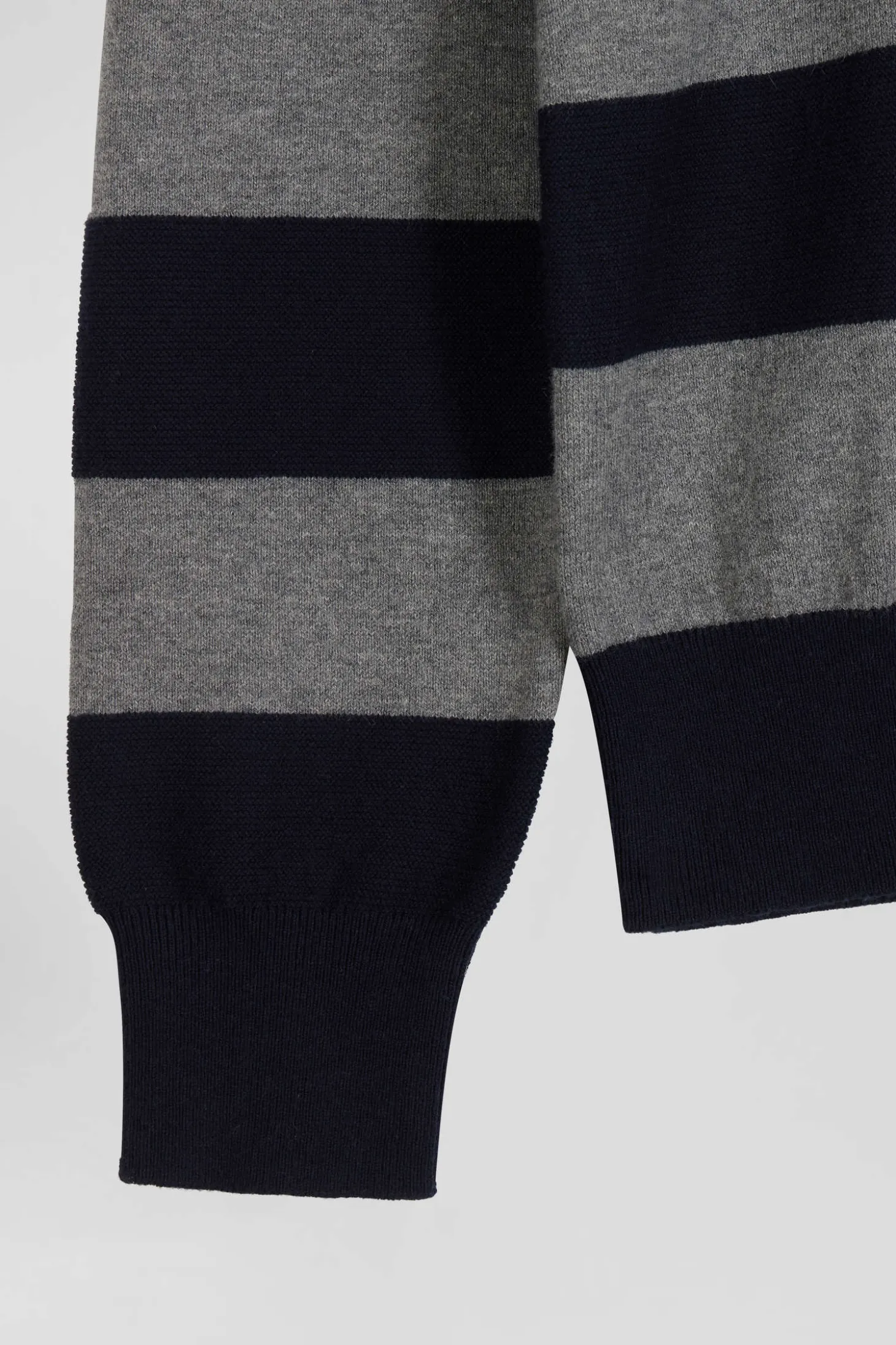 Regular navy blue striped cotton and cashmere jumper with rugby shirt collar