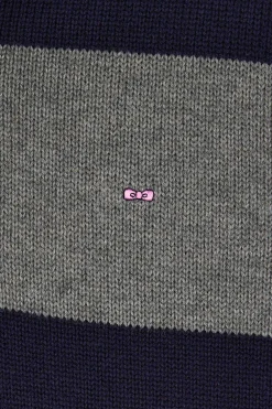 Regular navy blue striped wool and cotton jumper with rugby shirt collar