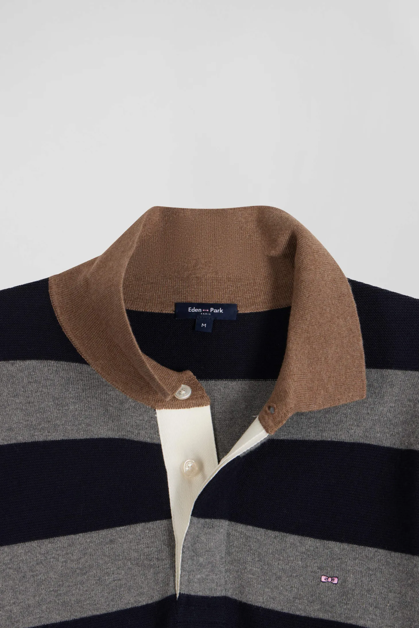Regular navy blue striped cotton and cashmere jumper with rugby shirt collar