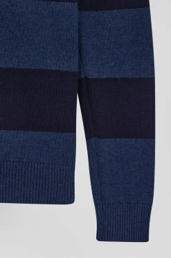Regular navy blue striped wool and cotton jumper with rugby shirt collar