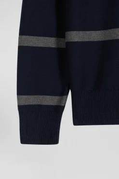 Regular navy blue striped cotton polo neck jumper