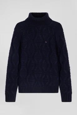 Regular navy blue virgin wool and recycled polyamide turtleneck jumper with 3D knitting