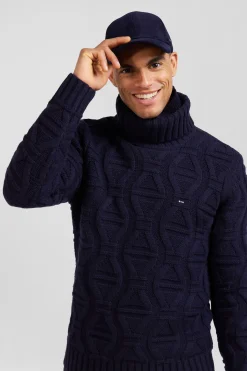 Regular navy blue virgin wool and recycled polyamide turtleneck jumper with 3D knitting