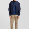 Regular navy blue wool and cotton zipped cardigan