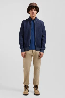 Regular navy blue wool and cotton zipped cardigan