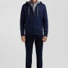 Regular navy blue wool and cotton knitted zip-up jumper