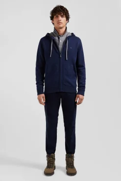 Regular navy blue wool and cotton knitted zip-up jumper