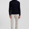 Regular navy blue wool and cotton high-neck jumper