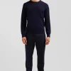 Regular navy blue wool and cotton crew neck jumper with micro bow tie effect