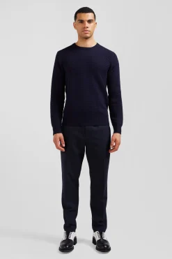 Regular navy blue wool and cotton crew neck jumper with micro bow tie effect