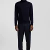Regular navy blue wool and cotton turtleneck jumper
