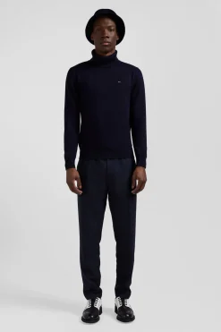 Regular navy blue wool and cotton turtleneck jumper