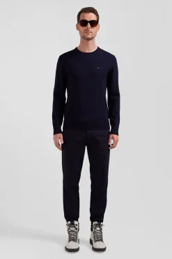 Regular navy blue wool and cotton crew neck jumper