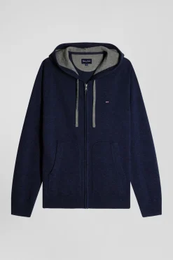 Regular navy blue wool and cotton knitted zip-up jumper