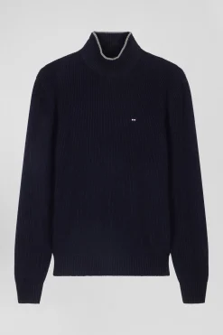 Regular navy blue wool and cotton high-neck jumper