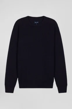 Regular navy blue wool and cotton crew neck jumper with micro bow tie effect