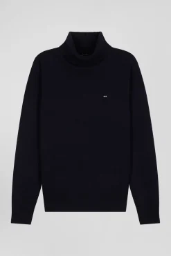Regular navy blue wool and cotton turtleneck jumper
